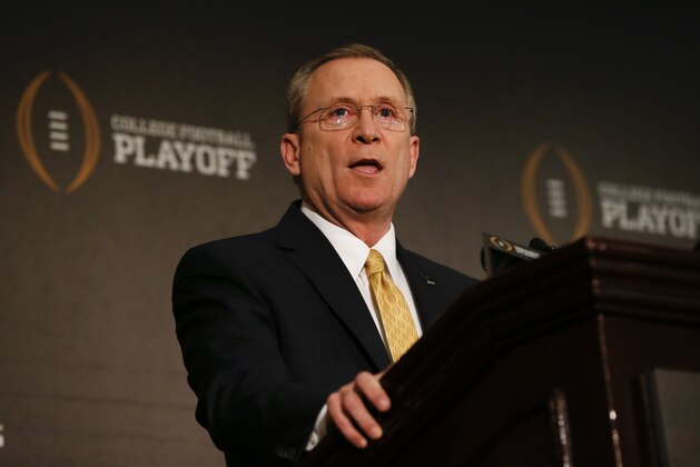 Dec 7, 2014; Grapevine, TX, USA; College football playoff selection committee chairman Jeff Long speaks to the media at the Gaylord Texan Hotel. Mandatory Credit: Kevin Jairaj-USA TODAY Sports