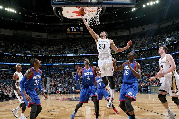 NEW ORLEANS, LA -  JANUARY 26: Anthony Davis #23 of the New Orleans Pelicans shoots against the Philadelphia 76ers on January 26, 2015 at Smoothie King Center in New Orleans, Louisiana. NOTE TO USER: User expressly acknowledges and agrees that, by downloading and or using this Photograph, user is consenting to the terms and conditions of the Getty Images License Agreement. Mandatory Copyright Notice: Copyright 2015 NBAE (Photo by Layne Murdoch Jr./NBAE via Getty Images)
