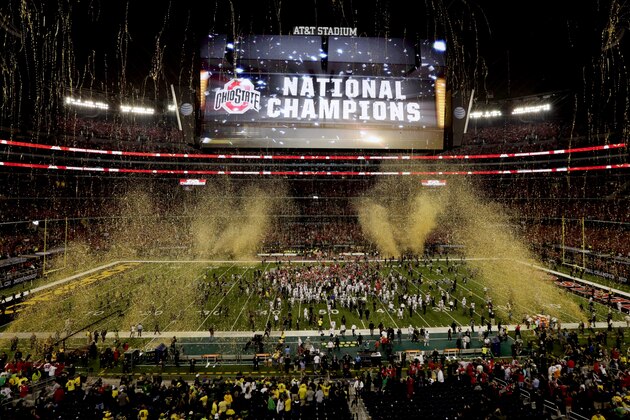 Ohio State wins the NCAA college football playoff championship game against Oregon 42-20 Monday, Jan. 12, 2015, in Arlington, Texas. (AP Photo/Morry Gash)