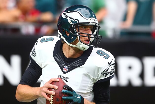 Oct 26, 2014; Glendale, AZ, USA; Philadelphia Eagles quarterback Nick Foles (9) against the Arizona Cardinals at University of Phoenix Stadium. The Cardinals defeated the Eagles 24-20. Mandatory Credit: Mark J. Rebilas-USA TODAY Sports