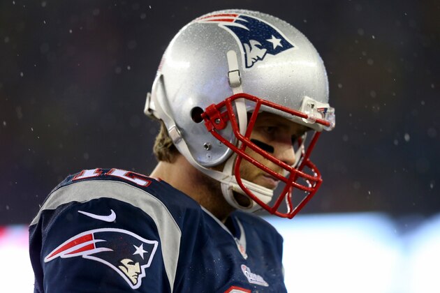 FOXBORO, MA - JANUARY 18:  Tom Brady #12 of the New England Patriots looks on against the Indianapolis Colts of the 2015 AFC Championship Game at Gillette Stadium on January 18, 2015 in Foxboro, Massachusetts.  (Photo by Jim Rogash/Getty Images)