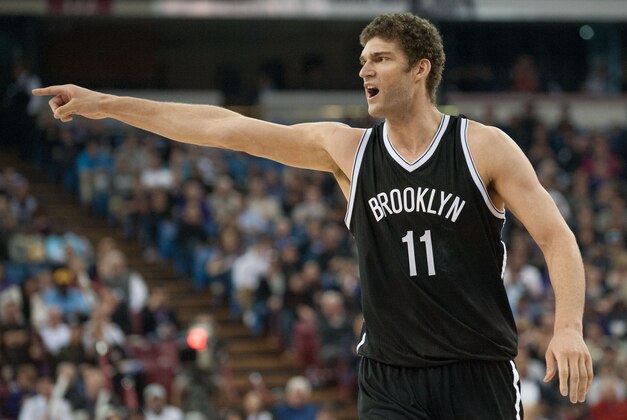 Jan 21, 2015; Sacramento, CA, USA; Brooklyn Nets center Brook Lopez (11) argues a call from the court during the fourth quarter against the Sacramento Kings at Sleep Train Arena. The Nets won 103-100. Mandatory Credit: Ed Szczepanski-USA TODAY Sports