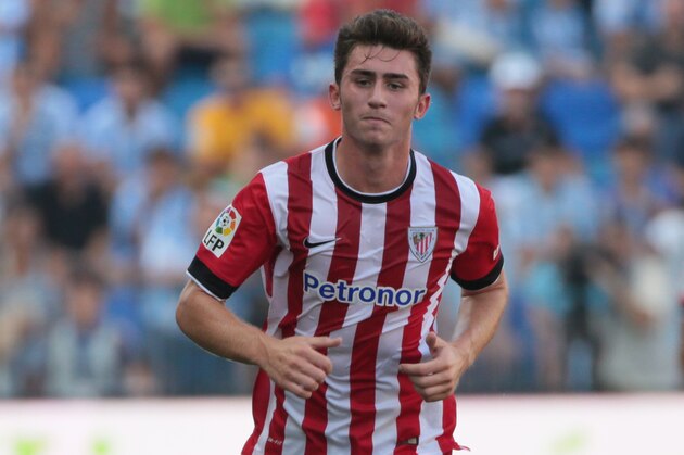 MALAGA, SPAIN - AUGUST 23: Laporte of Athletic Club Bilbao runs whit the ball during the La Liga match between Malaga CF and Athletic Club Bilbao at La Rosaleda Stadium on August 23, 2014 in Malaga, Spain. (Photo by Sergio Camacho/Getty Images)