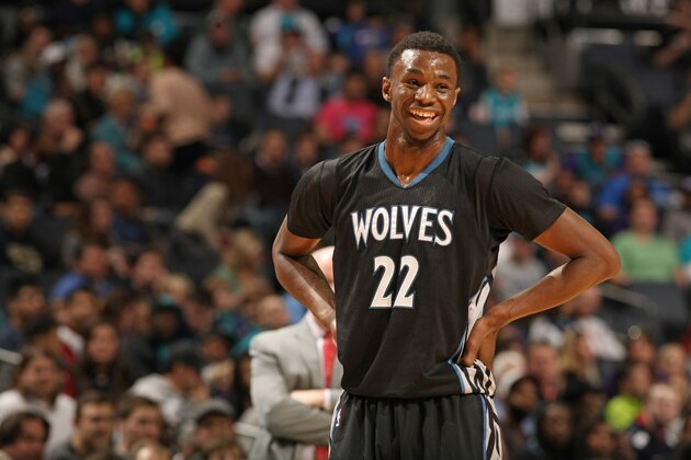 CHARLOTTE, NC - JANUARY 19:  Andrew Wiggins #22 of the Minnesota Timberwolves laughs through a play against the Charlotte Hornets during the game at the Time Warner Cable Arena on January 19, 2015 in Charlotte, North Carolina. NOTE TO USER: User expressly acknowledges and agrees that, by downloading and or using this photograph, User is consenting to the terms and conditions of the Getty Images License Agreement.  Mandatory Copyright Notice:  Copyright 2015 NBAE (Photo by Kent Smith/NBAE via Getty Images)