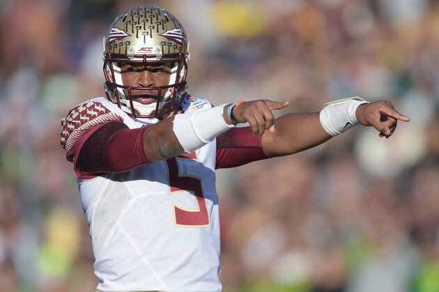 Jan 1, 2015; Pasadena, CA, USA; Florida State Seminoles quarterback Jameis Winston (5) gestures during the 2015 Rose Bowl college football game against the Oregon Ducks at Rose Bowl. Oregon defeated Florida State 59-20. Mandatory Credit: Kirby Lee-USA TODAY Sports