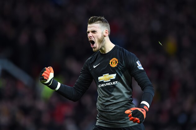 MANCHESTER, ENGLAND - DECEMBER 14:  David De Gea of Manchester United celebrates during the Barclays Premier League match between Manchester United and Liverpool at Old Trafford on December 14, 2014 in Manchester, England.  (Photo by Shaun Botterill/Getty Images)