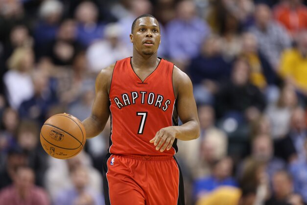 Jan 27, 2015; Indianapolis, IN, USA; Toronto Raptors guard Kyle Lowry (7) brings the ball up court against the Indiana Pacers at Bankers Life Fieldhouse. Mandatory Credit: Brian Spurlock-USA TODAY Sports
