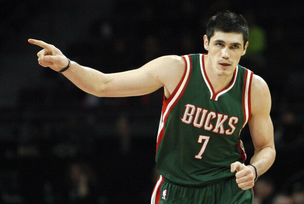 Nov 28, 2014; Auburn Hills, MI, USA; Milwaukee Bucks forward Ersan Ilyasova (7) points his finger after making a shot during the fourth quarter against the Detroit Pistons at The Palace of Auburn Hills. Bucks win 104-88. Mandatory Credit: Raj Mehta-USA TODAY Sports