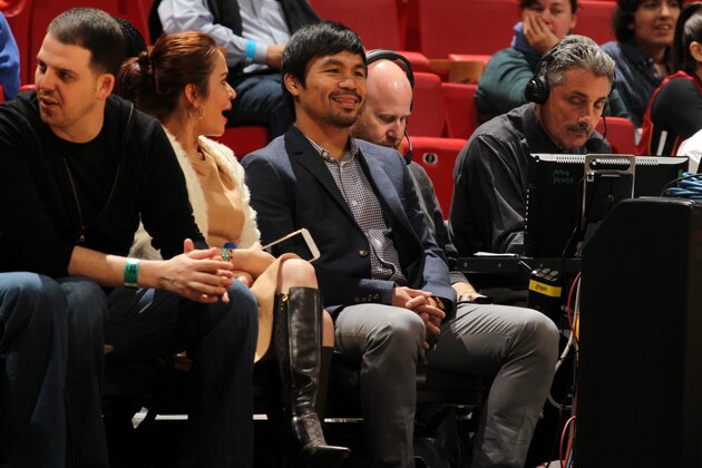 MIAMI, FL - JANUARY 27:  Boxer Manny Pacquiao attends the game between the Milwaukee Bucks and Miami Heat  on January 27, 2015  at American Airlines Arena in Miami, Florida.  NOTE TO USER: User expressly acknowledges and agrees that, by downloading and or using this Photograph, user is consenting to the terms and conditions of the Getty Images License Agreement. Mandatory Copyright Notice: Copyright 2015 NBAE (Photo by Issac Baldizon/NBAE via Getty Images)