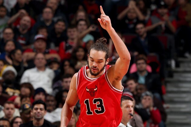 CHICAGO, IL - DECEMBER 25: Joakim Noah #13 of the Chicago Bulls gestures during a game against the Los Angeles Lakers at the United Center on December 25, 2014 in Chicago, Illinois. NOTE TO USER: User expressly acknowledges and agrees that, by downloading and/or using this Photograph, user is consenting to the terms and conditions of the Getty Images License Agreement. Mandatory Copyright Notice: Copyright 2014 NBAE (Photo by Gary Dineen/NBAE via Getty Images)