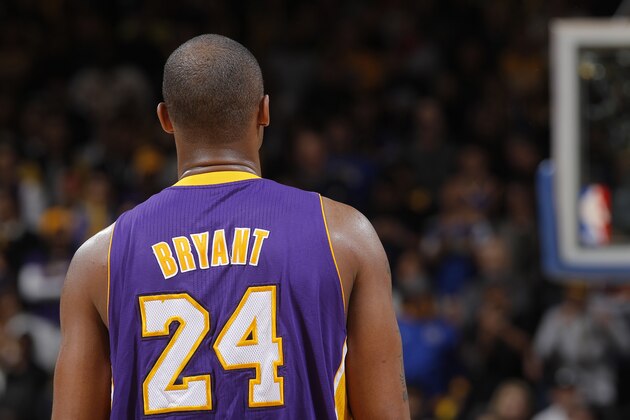 OAKLAND, CA - MARCH 27: The back of Kobe Bryant #24 of the Los Angeles Lakers in a game against the Golden State Warriors on March 27, 2012 at Oracle Arena in Oakland, California. NOTE TO USER: User expressly acknowledges and agrees that, by downloading and or using this photograph, user is consenting to the terms and conditions of Getty Images License Agreement. Mandatory Copyright Notice: Copyright 2012 NBAE (Photo by Rocky Widner/NBAE via Getty Images)