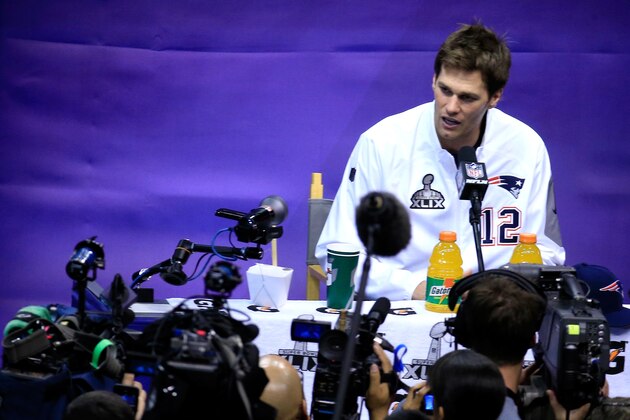 PHOENIX, AZ - JANUARY 27: Tom Brady #12 of the New England Patriots addresses the media at Super Bowl XLIX Media Day Fueled by Gatorade inside U.S. Airways Center on January 27, 2015 in Phoenix, Arizona. (Photo by Rob Carr/Getty Images) PHOENIX, AZ - JANUARY 27: Tom Brady #12 of the New England Patriots addresses the media at Super Bowl XLIX Media Day Fueled by Gatorade inside U.S. Airways Center on January 27, 2015 in Phoenix, Arizona. (Photo by Rob Carr/Getty Images)