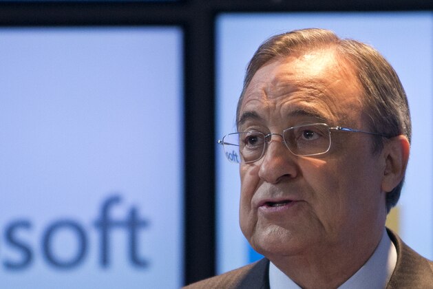 Real Madrid's President Florentino Perez speaks during a news conference at the Santiago Bernabeu stadium in Madrid, Spain, Tuesday, Nov. 18, 2014. Real Madrid says it has reached a sponsorship deal with American software giant Microsoft.(AP Photo/Paul White) Real Madrid's President Florentino Perez speaks during a news conference at the Santiago Bernabeu stadium in Madrid, Spain, Tuesday, Nov. 18, 2014. Real Madrid says it has reached a sponsorship deal with American software giant Microsoft.(AP Photo/Paul White)