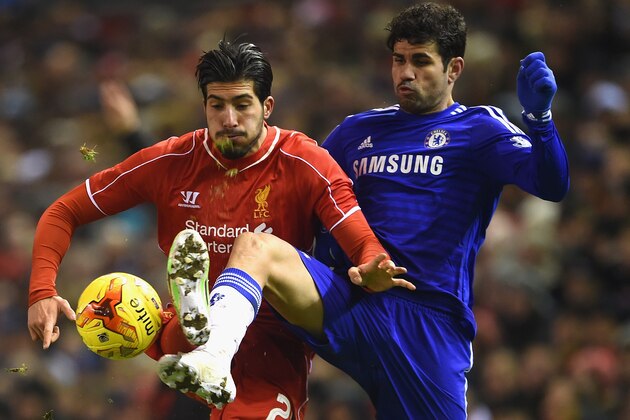LIVERPOOL, ENGLAND - JANUARY 20:  Emre Can of Liverpool and Diego Costa of Chelsea compete for the ball during the Capital One Cup Semi-Final first leg match between Liverpool and Chelsea at Anfield on January 20, 2015 in Liverpool, England.  (Photo by Michael Regan/Getty Images)