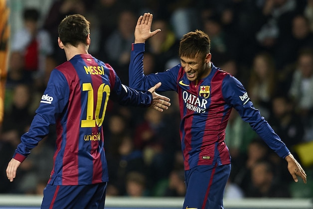 ELCHE, SPAIN - JANUARY 24:  Neymar JR of Barcelona celebrate scoring with his teammate Lionel Messi during the La Liga match between Elche FC and FC Barcelona at Estadio Manuel Martinez Valero on January 24, 2015 in Elche, Spain.  (Photo by Manuel Queimadelos Alonso/Getty Images)