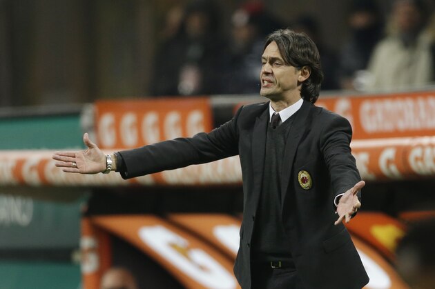 AC Milan coach Filippo Inzaghi gestures during an Italian Cup, quarterfinal match, between AC Milan and Lazio, at the San Siro stadium in Milan, Italy, Tuesday, Jan. 27 , 2015. (AP Photo/Luca Bruno)