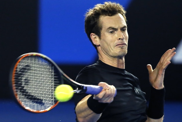 Andy Murray of Britain makes a forehand return to Grigor Dimitrov of Bulgaria during their fourth round match at the Australian Open tennis championship in Melbourne, Australia, Sunday, Jan. 25, 2015. (AP Photo/Vincent Thian)