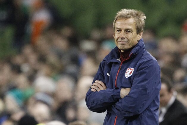 United States' manager Jurgen Klinsmann watches his side during the international friendly soccer match between the Republic of Ireland and the United States,  at the Aviva stadium, Dublin, Ireland, Tuesday, Nov. 18, 2014. (AP Photo/Peter Morrison)