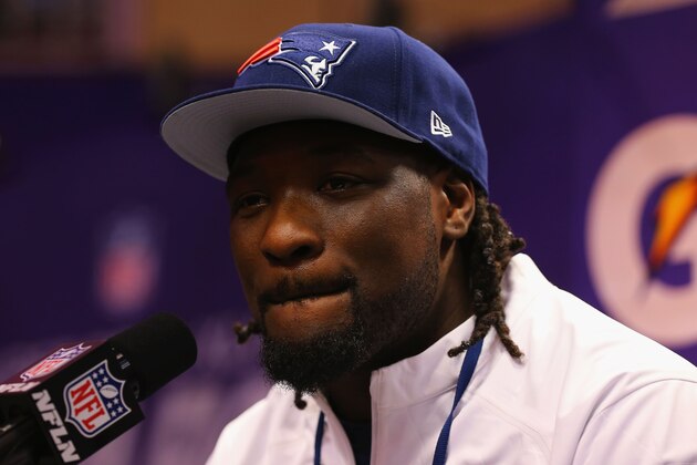 PHOENIX, AZ - JANUARY 27:  LeGarrette Blount #29 of the New England Patriots addresses the media at Super Bowl XLIX Media Day Fueled by Gatorade inside U.S. Airways Center on January 27, 2015 in Phoenix, Arizona.  (Photo by Elsa/Getty Images)
