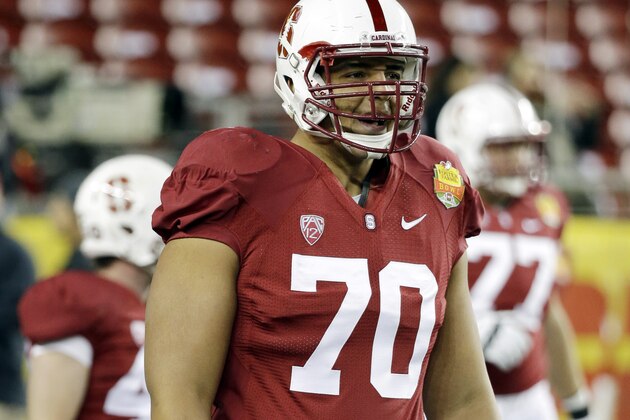Stanford offensive tackle Andrus Peat during the Foster Farms Bowl NCAA college football game against Maryland Tuesday, Dec. 30, 2014, in Santa Clara, Calif. (AP Photo/Marcio Jose Sanchez)
