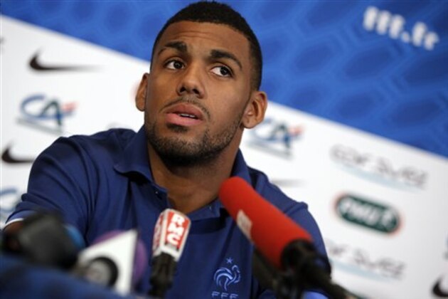 France's Yann M'Vila meets journalists during a press conference at the Euro 2012 soccer championship in Donetsk, Ukraine, Saturday, June 16, 2012. (AP Photo/Laurent Cipriani)