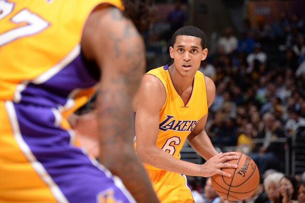 LOS ANGELES, CA -  JANUARY 27: Jordan Clarkson #6 of the Los Angeles Lakers looks to pass against the Washington Wizards on January 27, 2015 at STAPLES Center in Los Angeles, California. NOTE TO USER: User expressly acknowledges and agrees that, by downloading and or using this Photograph, user is consenting to the terms and conditions of the Getty Images License Agreement. Mandatory Copyright Notice: Copyright 2015 NBAE (Photo by Andrew Bernstein/NBAE via Getty Images)