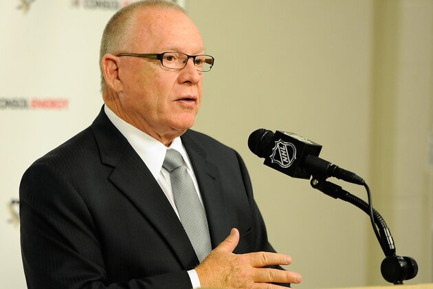PITTSBURGH, PA - JUNE 25:  Pittsburgh Penguins Executive Vice President and General Manager Jim Rutherford speaks with the media during a press conference to introduce new Head Coach Mike Johnston on June 25, 2014 at Consol Energy Center in Pittsburgh, Pennsylvania.  (Photo by Joe Sargent/NHLI via Getty Images)