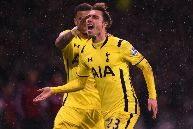 SHEFFIELD, ENGLAND - JANUARY 28:  Christian Eriksen of Tottenham Hotspur celebrates scoring from a free kick during the Capital One Cup Semi-Final Second Leg match between Sheffield United and Tottenham Hotspur at Bramall Lane on January 28, 2015 in Sheffield, England.  (Photo by Laurence Griffiths/Getty Images)