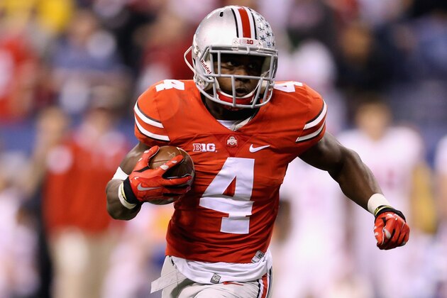 INDIANAPOLIS, IN - DECEMBER 06:  Curtis Samuel #4 of the Ohio State Buckeyes runs with the ball against the Wisconsin Badgers  during the fourth quarter of the Big Ten Championship at Lucas Oil Stadium on December 6, 2014 in Indianapolis, Indiana.  The Buckeyes won the game 59-0. (Photo by Andy Lyons/Getty Images)
