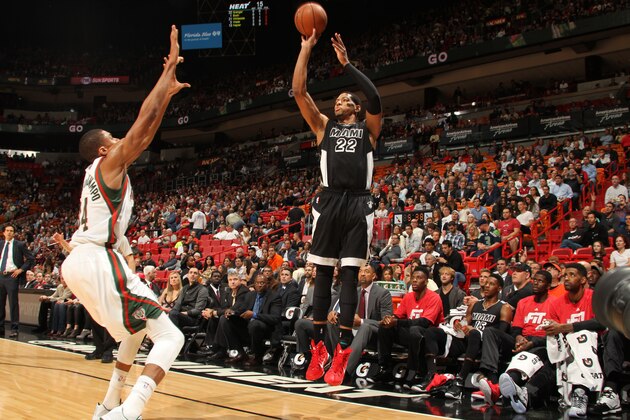 MIAMI, FL - JANUARY 27:  Danny Granger #22 of the Miami Heat shoots against the Milwaukee Bucks on January 27, 2015  at American Airlines Arena in Miami, Florida.  NOTE TO USER: User expressly acknowledges and agrees that, by downloading and or using this Photograph, user is consenting to the terms and conditions of the Getty Images License Agreement. Mandatory Copyright Notice: Copyright 2015 NBAE (Photo by Issac Baldizon/NBAE via Getty Images)