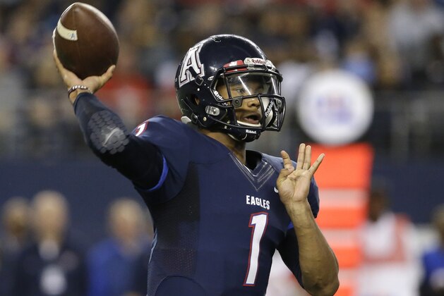 Allen quarterback Kyler Murray (1) passes during the first half of the UIL 6A Division I State Championship football game against Cypress Ranch Saturday, Dec. 20, 2014, in Arlington, Texas. (AP Photo/LM Otero)