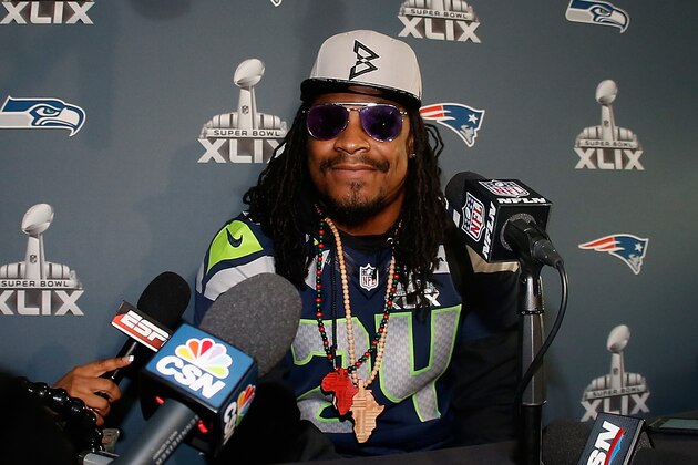 CHANDLER, AZ - JANUARY 28:  Running back Marshawn Lynch #24 of the Seattle Seahawks speaks during a Super Bowl XLIX media availability at the Arizona Grand Hotel on January 28, 2015 in Chandler, Arizona.  (Photo by Christian Petersen/Getty Images)