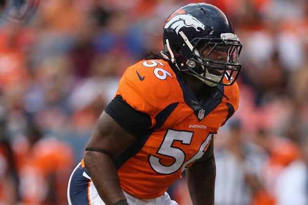DENVER, CO - AUGUST 07:  Outside linebacker Nate Irving #56 of the Denver Broncos plays defense against theSeattle Seahawks at Sports Authority Field at Mile High on August 7, 2014 in Denver, Colorado.  (Photo by Doug Pensinger/Getty Images)