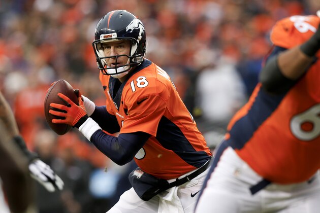 Denver Broncos quarterback Peyton Manning looks to throw against the Indianapolis Colts during the first half of an NFL divisional playoff football game, Sunday, Jan. 11, 2015, in Denver. (AP Photo/David Zalubowski)