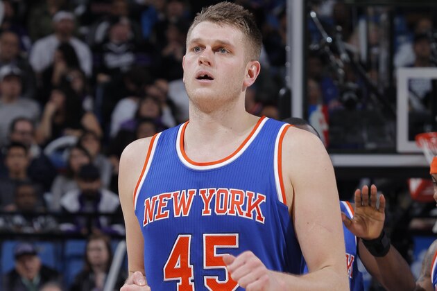 SACRAMENTO, CA - DECEMBER 27: Cole Aldrich #45 of the New York Knicks walks on the court against the Sacramento Kings on December 27, 2014 at Sleep Train Arena in Sacramento, California. NOTE TO USER: User expressly acknowledges and agrees that, by downloading and or using this photograph, User is consenting to the terms and conditions of the Getty Images Agreement. Mandatory Copyright Notice: Copyright 2014 NBAE (Photo by Rocky Widner/NBAE via Getty Images)