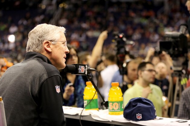 The Seattle Seahawks head coach Pete Carroll is seen during the NFL Super Bowl Media Day on Tuesday, January 27, 2015 in Phoenix. (AP Photo/Gregory Payan)
