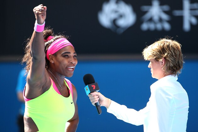 MELBOURNE, AUSTRALIA - JANUARY 29:  Serena Williams of the United States celebrates winning her semifinal match against Madison Keys of the United States during day 11 of the 2015 Australian Open at Melbourne Park on January 29, 2015 in Melbourne, Australia.  (Photo by Quinn Rooney/Getty Images)