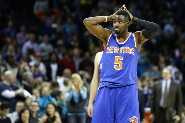 New York Knicks guard Tim Hardaway  during a break in the action against the Charlotte Hornets  in an NBA basketball game Saturday, Jan. 24, 2015 in Charlotte, N.C. (AP Photo/Nell Redmond)