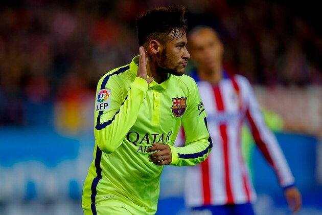 MADRID, SPAIN - JANUARY 28: Neymar JR. of FC Barcelona celebrates scoring their third goal during the Copa del Rey Round of 8 second leg match between Club Atletico de Madrid and FC Barcelona at Vicente Calderon Stadium on January 28, 2015 in Madrid, Spain. (Photo by Gonzalo Arroyo Moreno/Getty Images) MADRID, SPAIN - JANUARY 28: Neymar JR. of FC Barcelona celebrates scoring their third goal during the Copa del Rey Round of 8 second leg match between Club Atletico de Madrid and FC Barcelona at Vicente Calderon Stadium on January 28, 2015 in Madrid, Spain. (Photo by Gonzalo Arroyo Moreno/Getty Images)