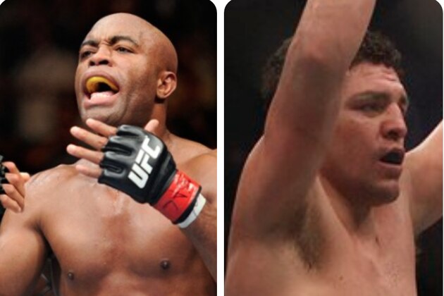 Anderson Silva taunts Chris Weidman between rounds during their UFC 162 mixed martial arts middleweight championship bout at the MGM Grand Garden Arena on Saturday, July 6, 2013, in Las Vegas. Weidman won the fight with a second round TKO. (AP Photo/David Becker)