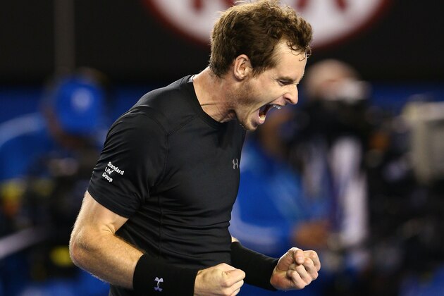 MELBOURNE, AUSTRALIA - JANUARY 29:  Andy Murray of Great Britain celebrates winning his semifinal match against Tomas Berdych of the Czech Republic during day 11 of the 2015 Australian Open at Melbourne Park on January 29, 2015 in Melbourne, Australia.  (Photo by Cameron Spencer/Getty Images)