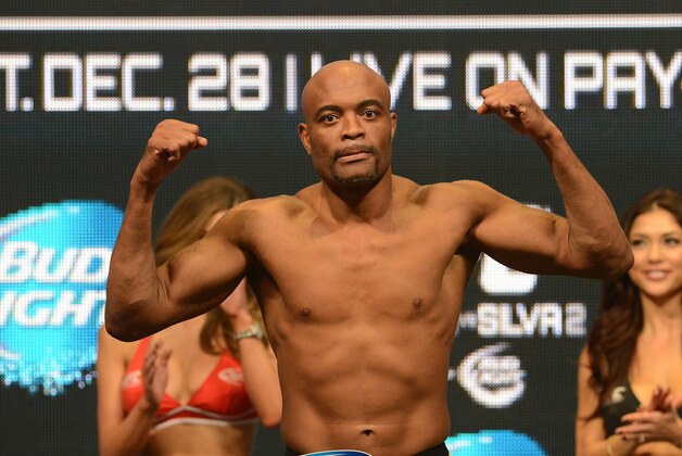 Dec 27, 2013; Las Vegas, NV, USA; Anderson Silva at the weigh-in for his UFC Middleweight Title Fight against Chris Weidman (not pictured) at MGM Grand Garden Arena. Mandatory Credit: Jayne Kamin-Oncea-USA TODAY Sports