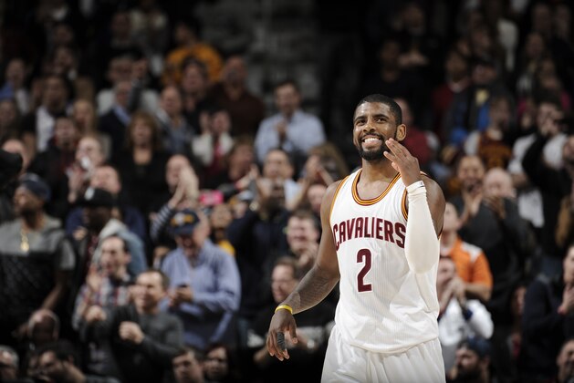 CLEVELAND, OH - JANUARY 28:  Kyrie Irving #2 of the Cleveland Cavaliers celebrates during the game against the Portland Trail Blazers on January 28, 2015 at Quicken Loans Arena in Cleveland, Ohio. NOTE TO USER: User expressly acknowledges and agrees that, by downloading and/or using this Photograph, user is consenting to the terms and conditions of the Getty Images License Agreement. Mandatory Copyright Notice: Copyright 2015 NBAE (Photo by David Liam Kyle/NBAE via Getty Images)