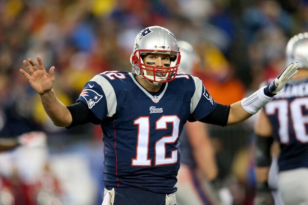 FOXBORO, MA - JANUARY 18:  Tom Brady #12 of the New England Patriots reacts against the Indianapolis Colts of the 2015 AFC Championship Game at Gillette Stadium on January 18, 2015 in Foxboro, Massachusetts.  (Photo by Jim Rogash/Getty Images)