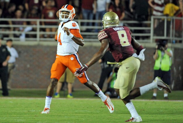 Sep 20, 2014; Tallahassee, FL, USA; Florida State Seminoles defensive back Jalen Ramsey (8) pressures Clemson Tigers quarterback Deshaun Watson (4) at Doak Campbell Stadium. Mandatory Credit: Melina Vastola-USA TODAY Sports