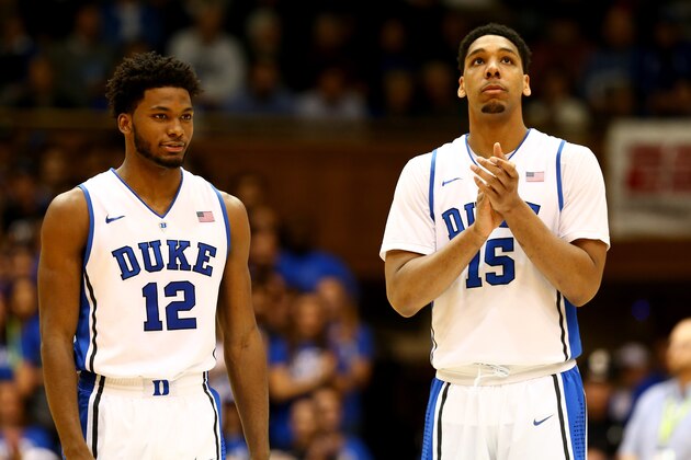 DURHAM, NC - JANUARY 19:  Teammates Justise Winslow #12 and Jahlil Okafor #15 of the Duke Blue Devils before their game against the Pittsburgh Panthers at Cameron Indoor Stadium on January 19, 2015 in Durham, North Carolina.  (Photo by Streeter Lecka/Getty Images)