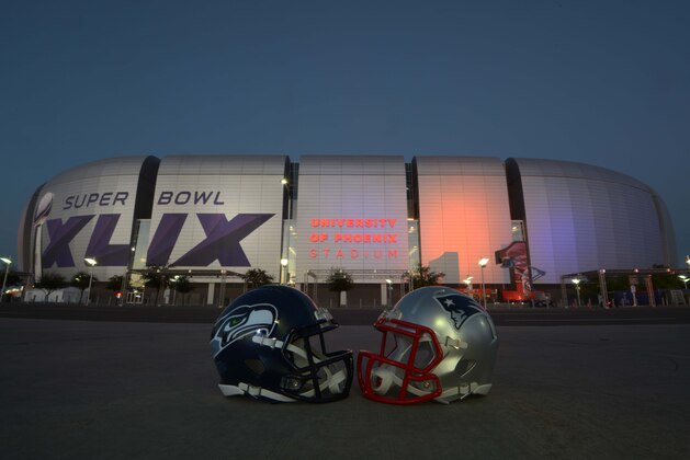 Jan 27, 2015; Glendale, AZ, USA; General view of Seattle Seahawks and New England Patriots helmets at University of Phoenix Stadium in advance of Super Bowl XLIX. Mandatory Credit: Kirby Lee-USA TODAY Sports