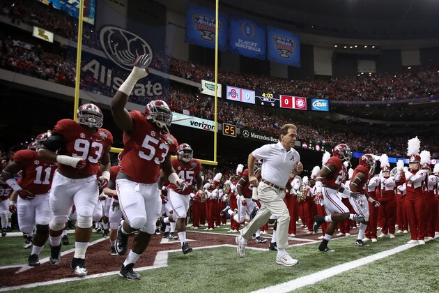 NEW ORLEANS, LA - JANUARY 01:  Head coach Nick Saban of the Alabama Crimson Tide runs on the field before playing the Ohio State Buckeyes during the All State Sugar Bowl at the Mercedes-Benz Superdome on January 1, 2015 in New Orleans, Louisiana.  (Photo by Chris Graythen/Getty Images)