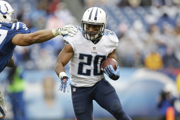 Tennessee Titans running back Bishop Sankey (20) gets past Indianapolis Colts outside linebacker Josh McNary (57) in the second half of an NFL football game Sunday, Dec. 28, 2014, in Nashville, Tenn. (AP Photo/Sanford Myers)