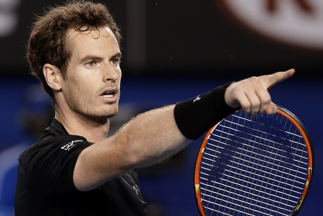 Andy Murray of Britain celebrates after defeating Tomas Berdych of the Czech Republic in their semifinal match at the Australian Open tennis championship in Melbourne, Australia, Thursday, Jan. 29, 2015. (AP Photo/Lee Jin-man)